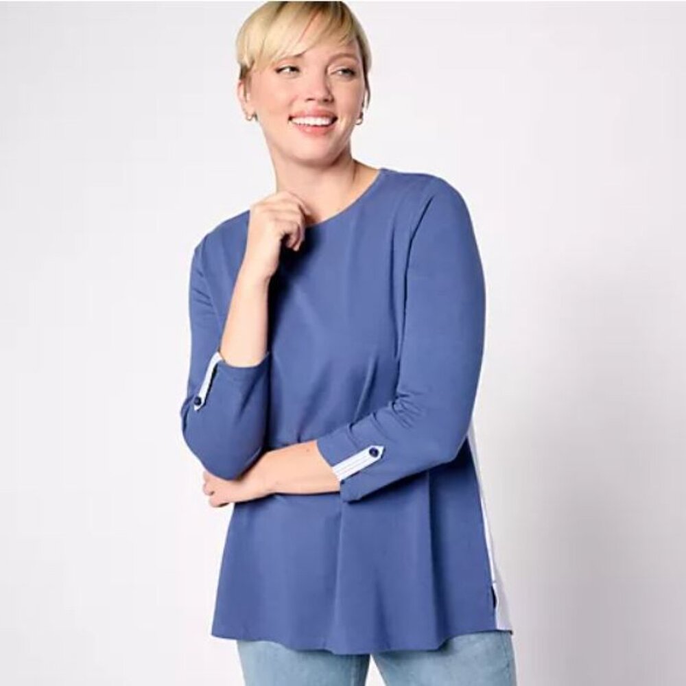 Joan Rivers Cotton Jersey Crewneck Mixed Media Top Denim Blue 2X